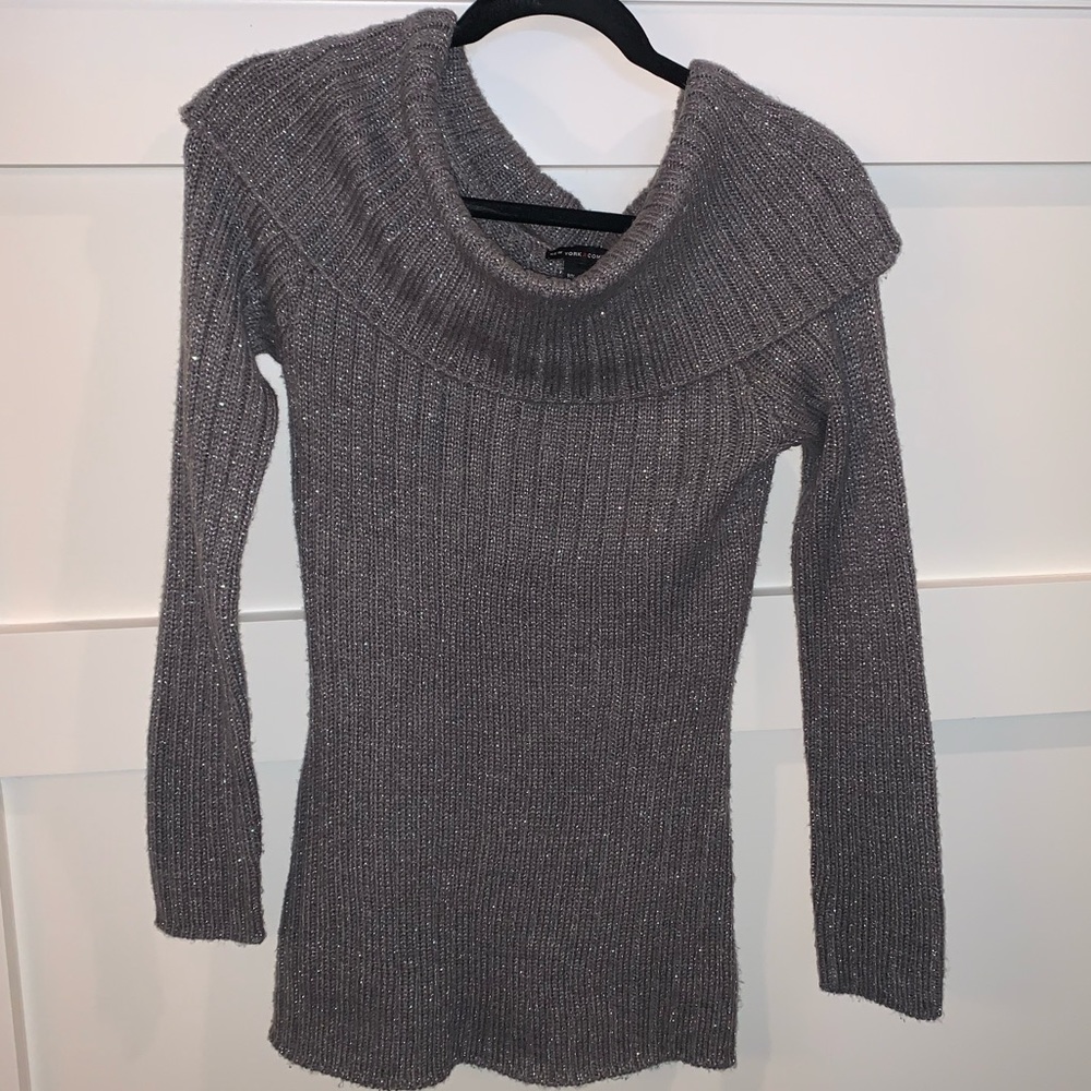 NY&Co Grey-Silver Cowl-Neck Sweater (XS)
